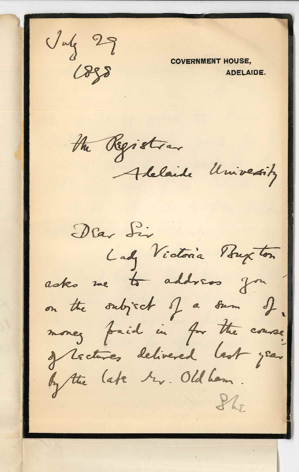 C R Buxton - Government House - State of affairs in connection with course of lectures on India delivered by Mr Oldham