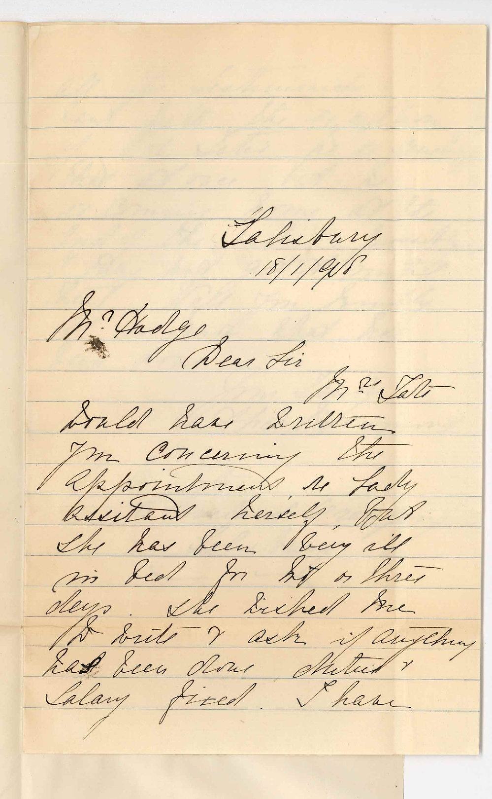 Alice Beaumont - c/o Mrs Tate - Salisbury - Asking what has been done re appointment of Lady Attendant for Conservatorium of Music