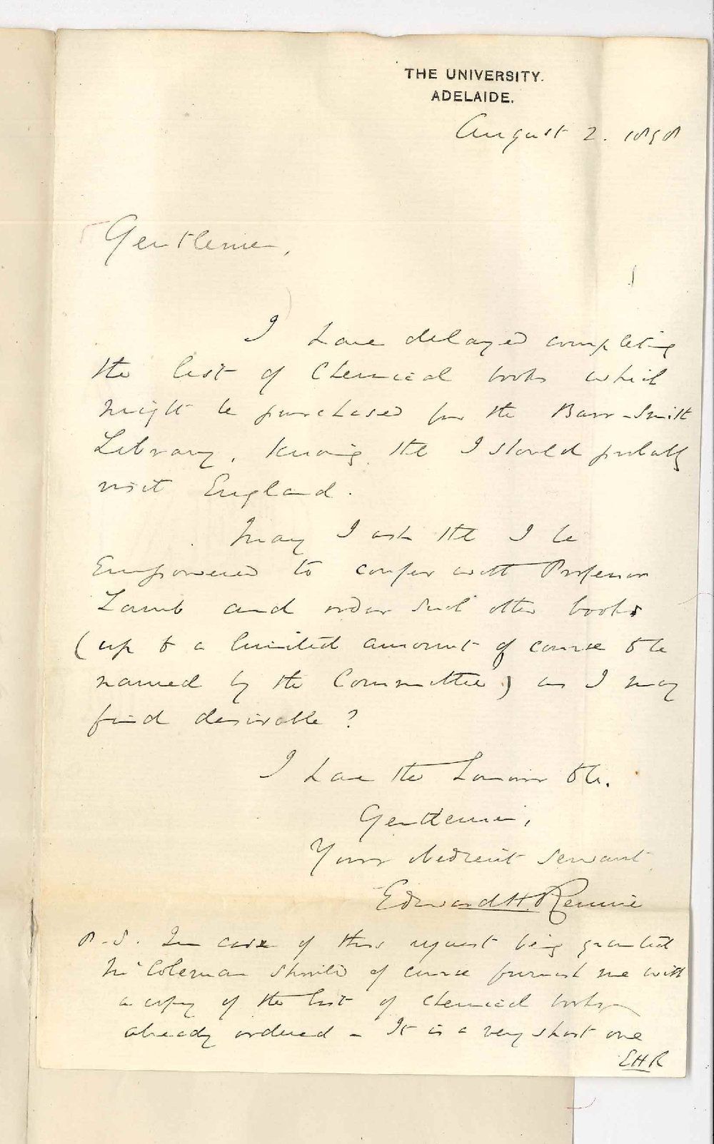 Professor Edward Henry Rennie - Purchase of more Science Books for the Barr Smith Library