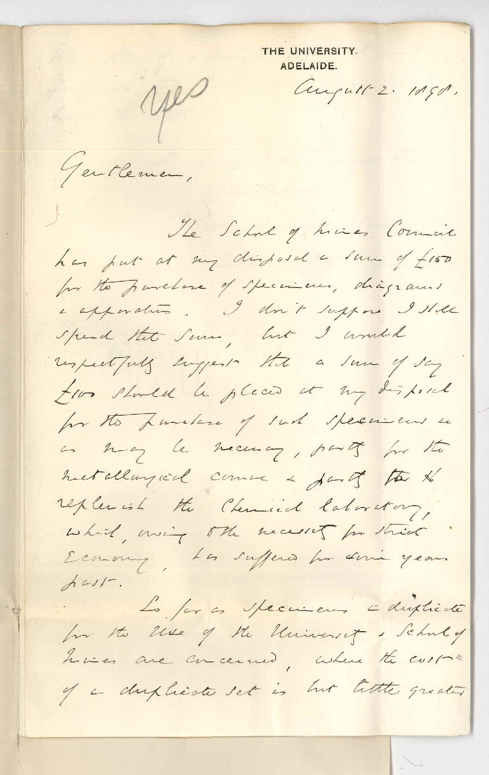 Professor Edward Henry Rennie - Request for purchase of Metallurgical and Chemical specimens and honorarium for Percy Jones