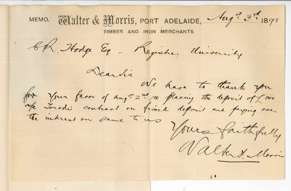 Walter and Morris - Port Adelaide - Acknowledgment of letter placing &pound;300 on fixed deposit