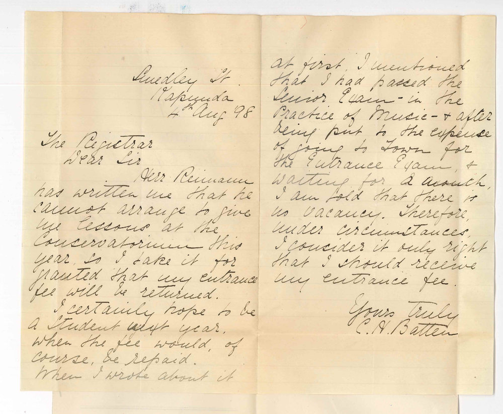 Miss C Hosier Batten - Kapunda - Asking for refund of Entrance fee as Conservatorium cannot accommodate her