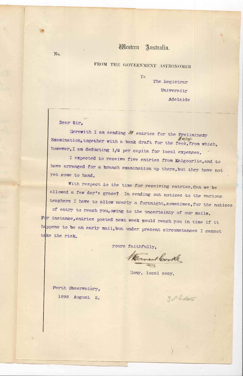 William Ernest Cooke - Perth - Forwarding entries for Preliminary Re Practical Musical Examination