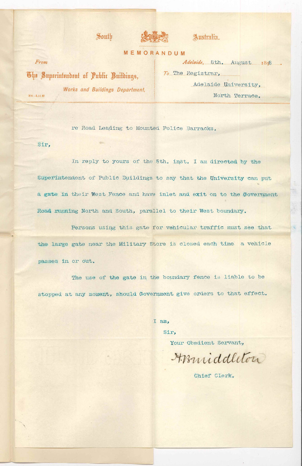 Superintendent of Public Buildings - Permission to put gate in western fence and use Government Road