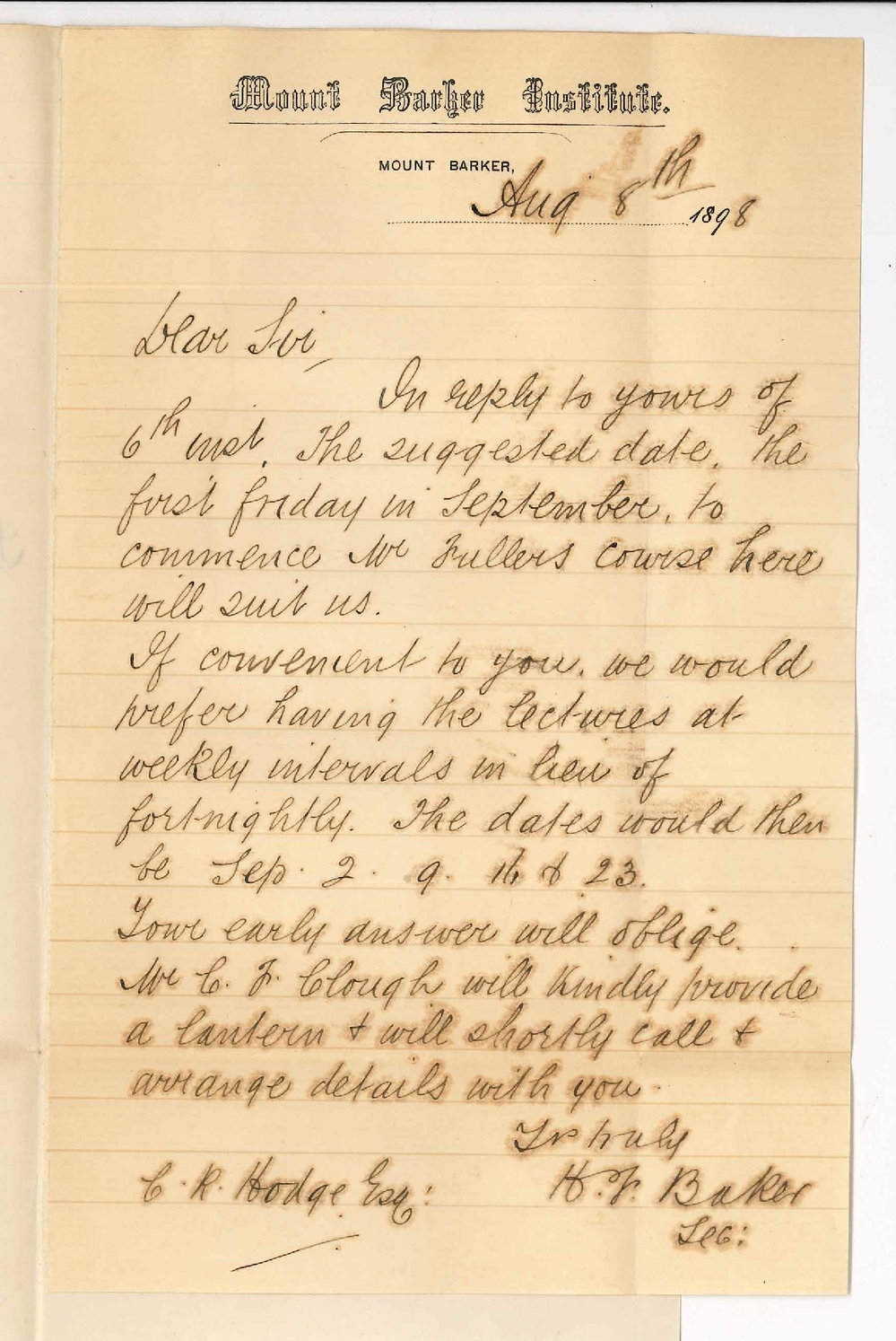 H F Baker - Secretary Mount Barker Institute - Mr Fullers course of Lectures at Mount Barker