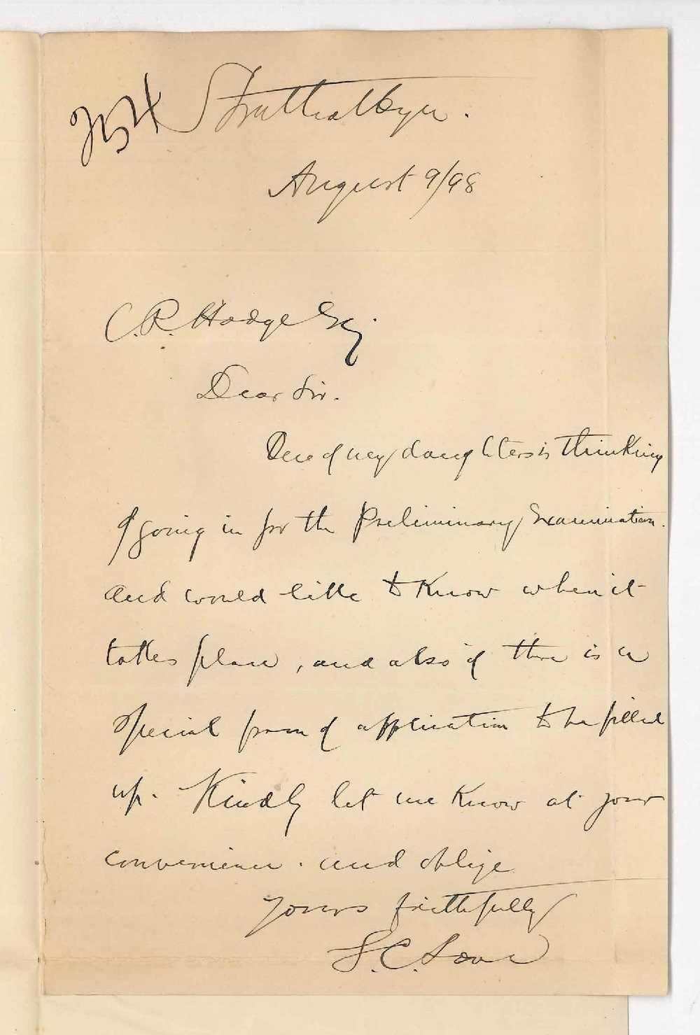 Reverend S C Love - Strathalbyn - Preliminary Exam