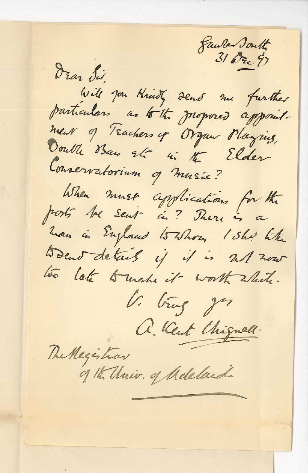 Reverend Arthur Kent Chignell - Gawler South - Particulars Teacher Organ and Double Bass