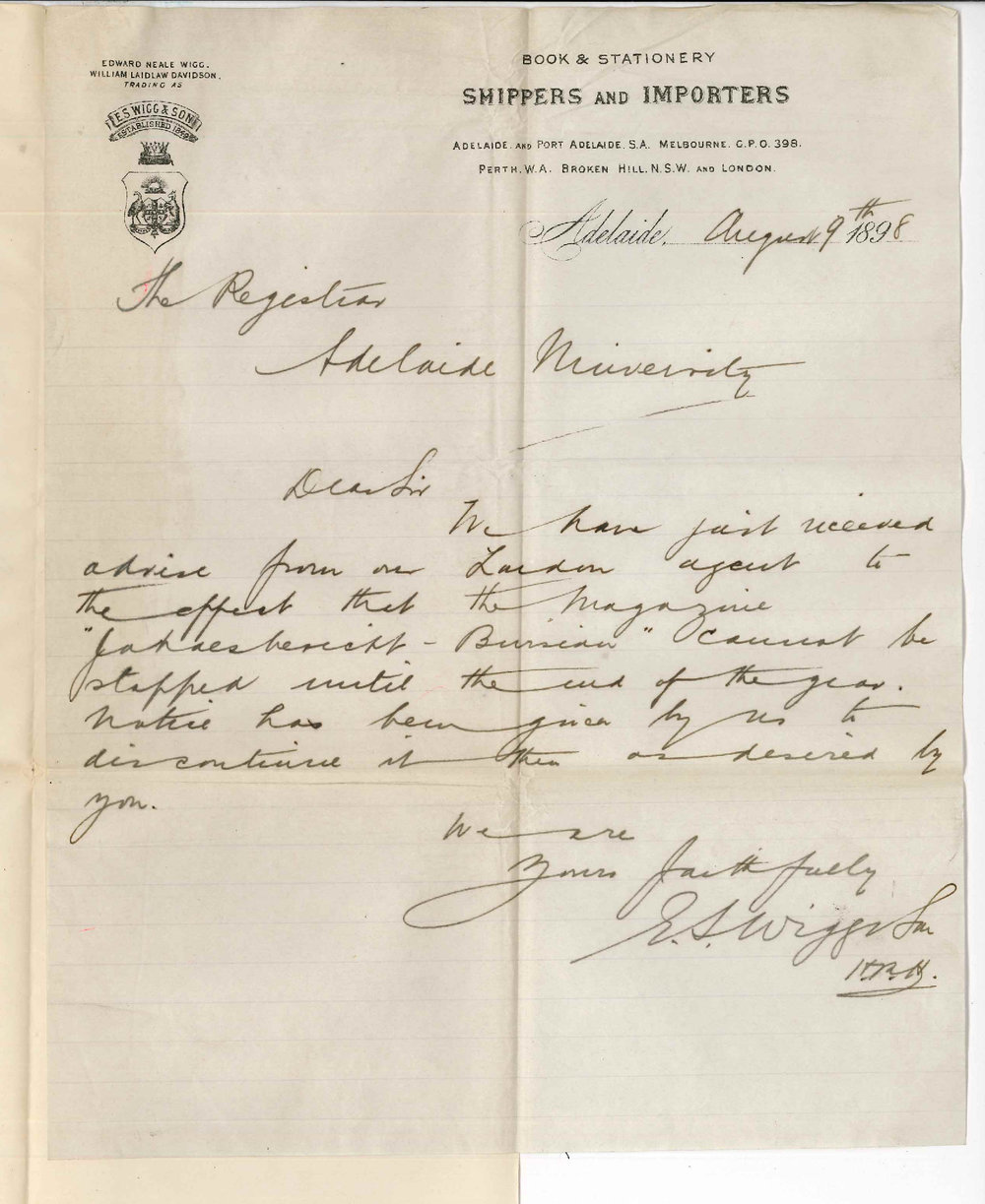 E S Wigg and Son - Adelaide - The Magazine Jahresbericht cannot be stopped till end of year