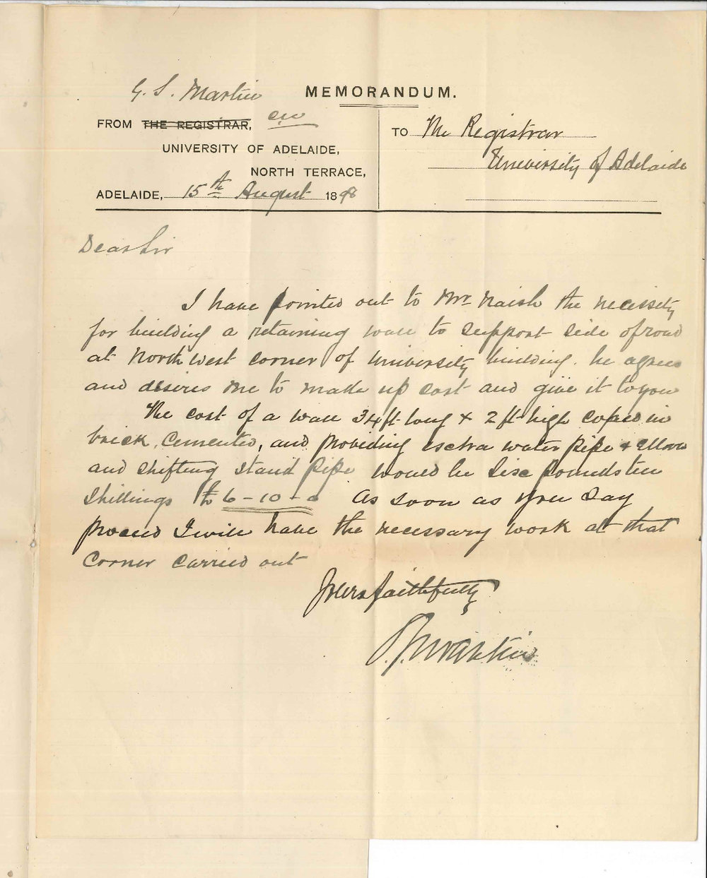 G S Martin - Clerk of Works - Cost of retaining wall at north west side of University to support road