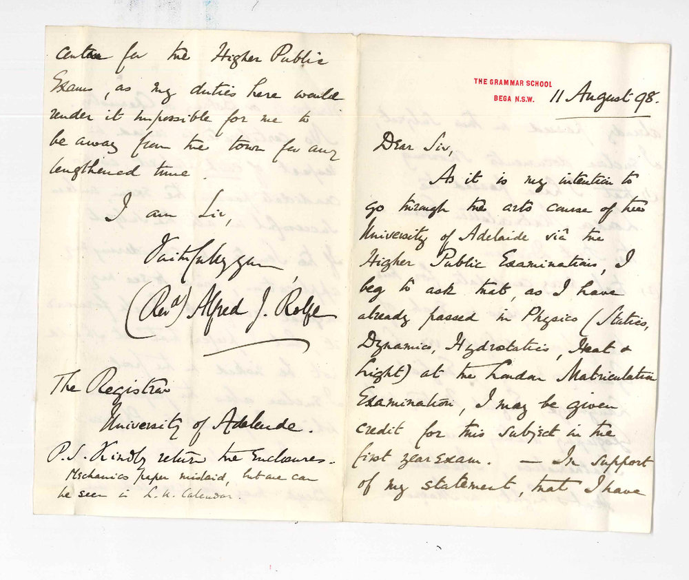 Reverend Alfred J Rolfe - Bega - Submitting documents in support of application to be credited with Physics