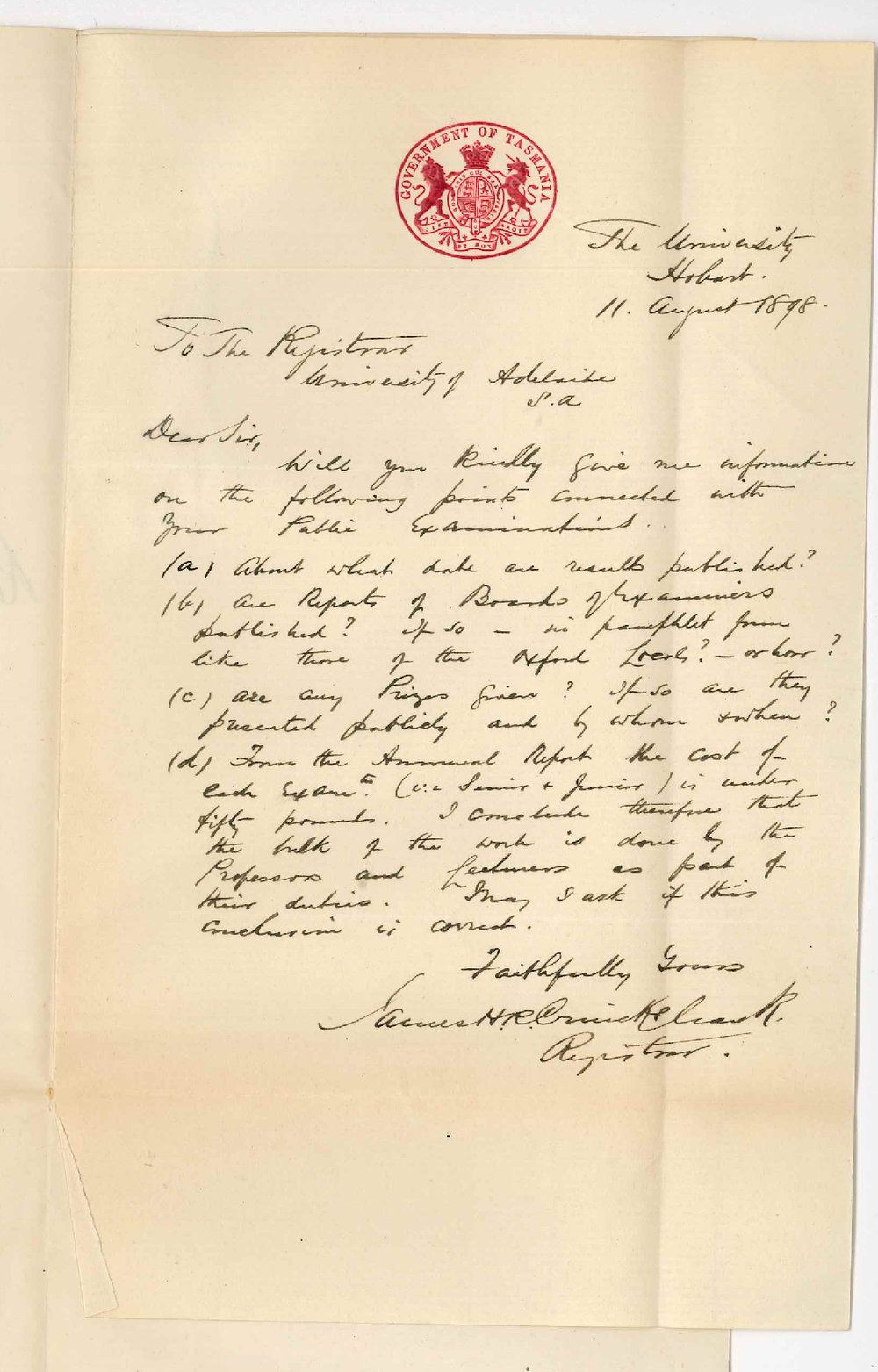 James Henry Robert Cruickshank - Registrar - University of Hobart - Information Public Examinations