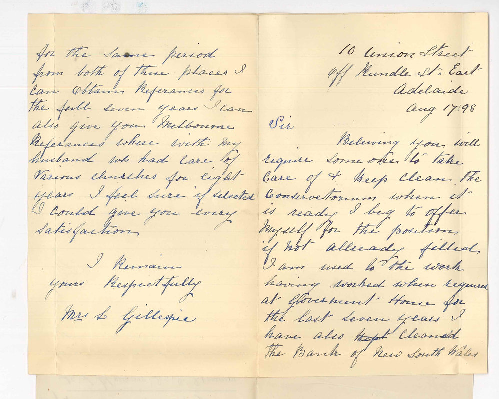 Mrs L Gillespie- Adelaide - Application for position of caretaker of the Conservatorium