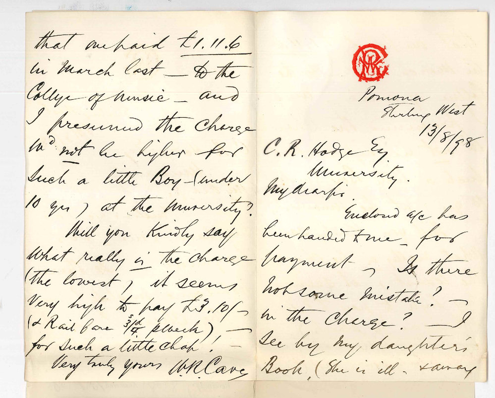 W K Cave - Stirling West - Conservatorium fees charged for sons tuition