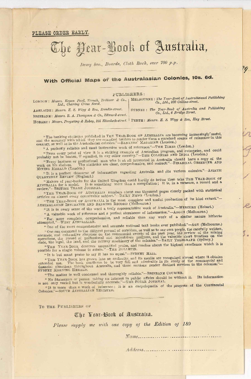 E S Wigg and Son - The Year Book of South Australia - Submitting proof of matter to be inserted in Year Book
