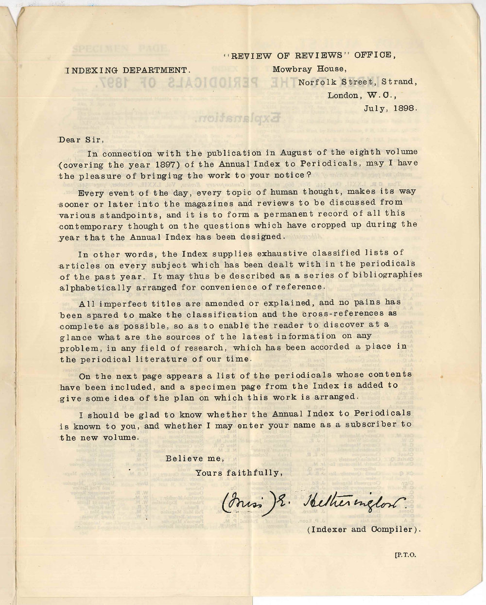 Miss E Hetherington - Indexer and Compiler - Review of Reviews office London - Annual Index to Periodicals