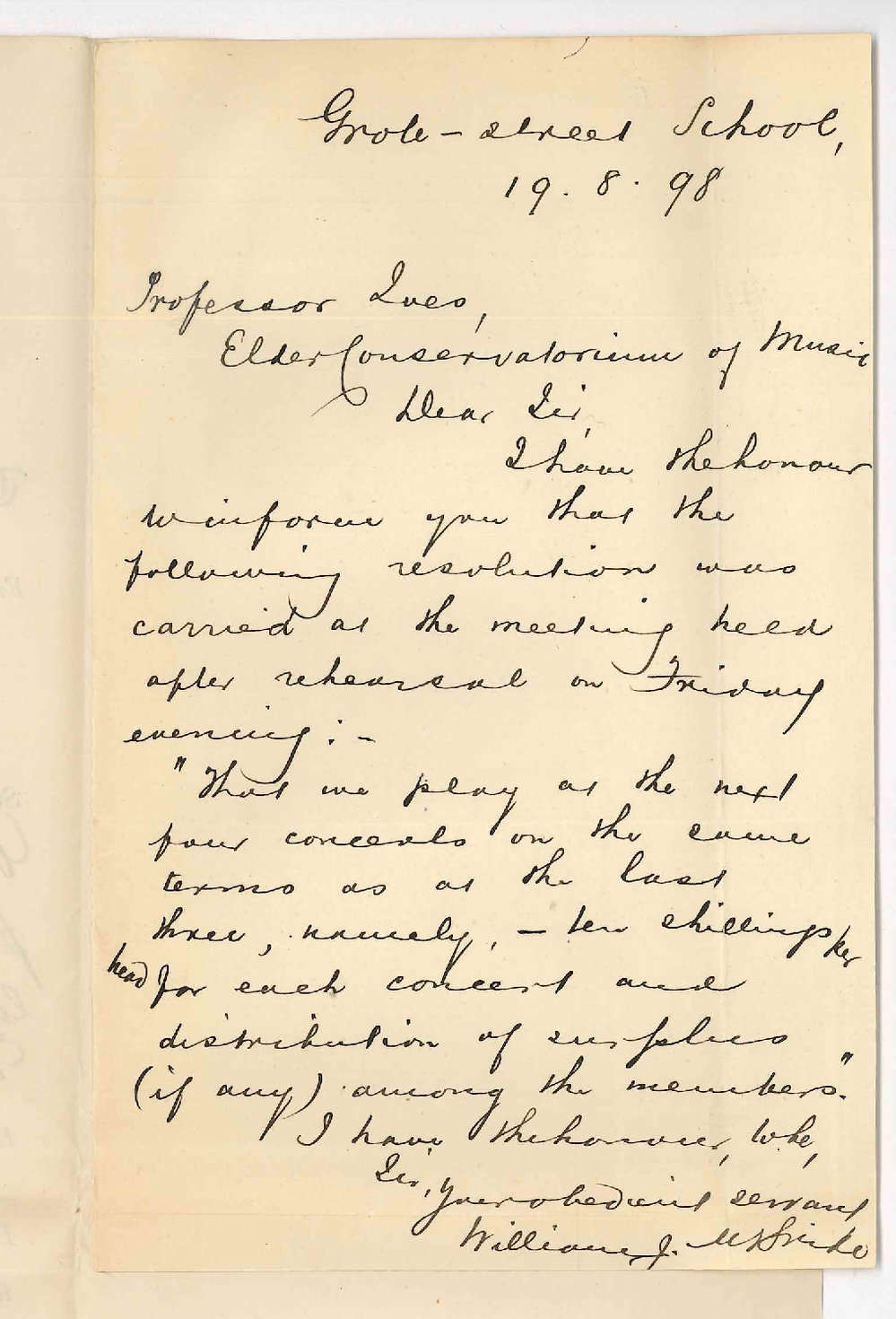 William J McBride - Grote Street School - Resolution from Conservatorium Orchestra members