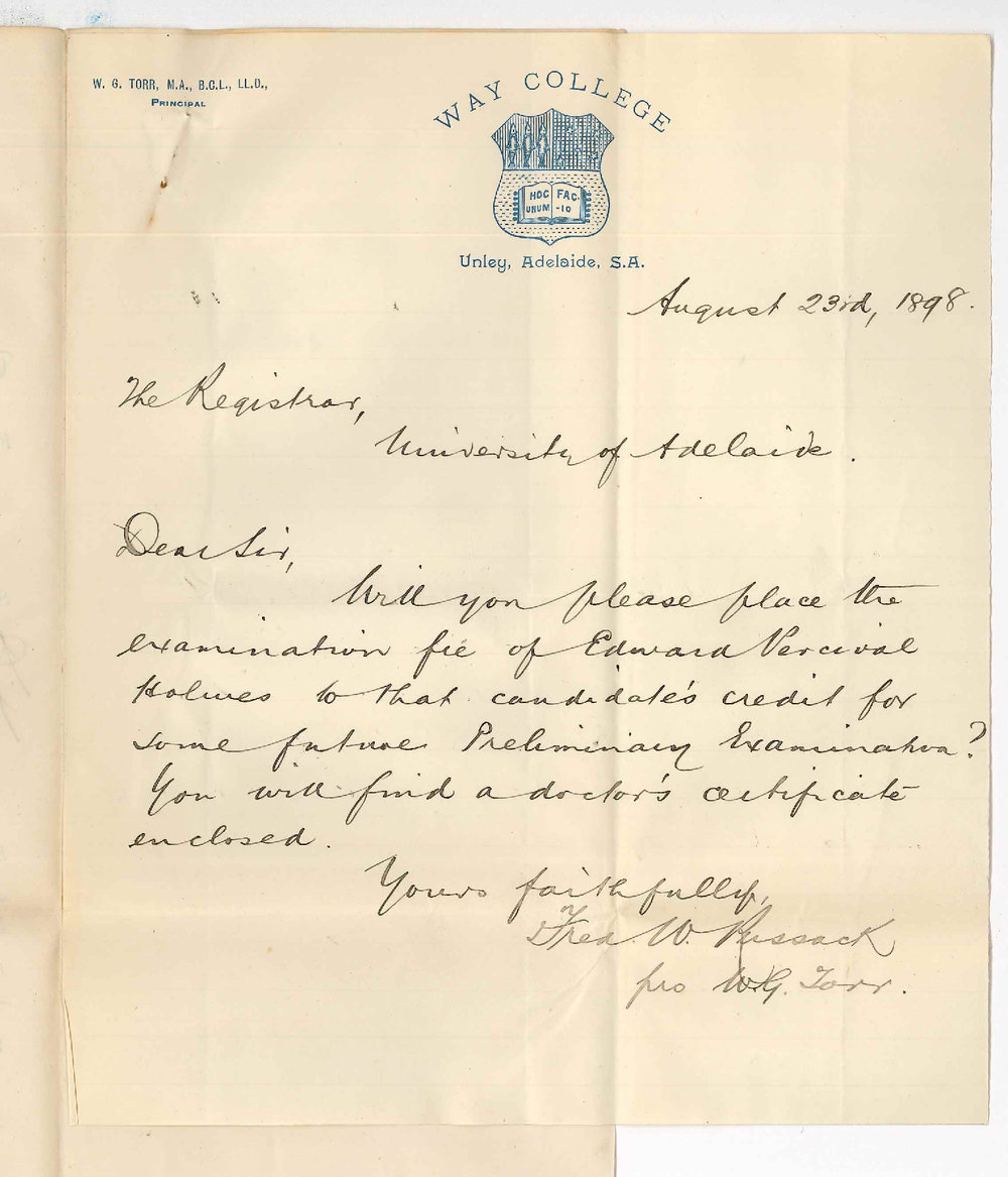 Fred W Russack for William George Torr - Way College - Withdrawing Edward Percival Holmes from Preliminary Exam