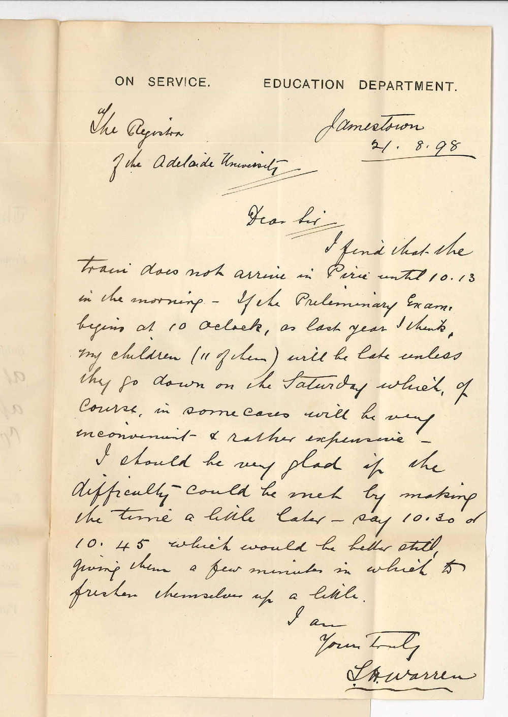 S H Warren - Jamestown - Can Examination at Port Pirie be held at 10:45 to suit his Candidates