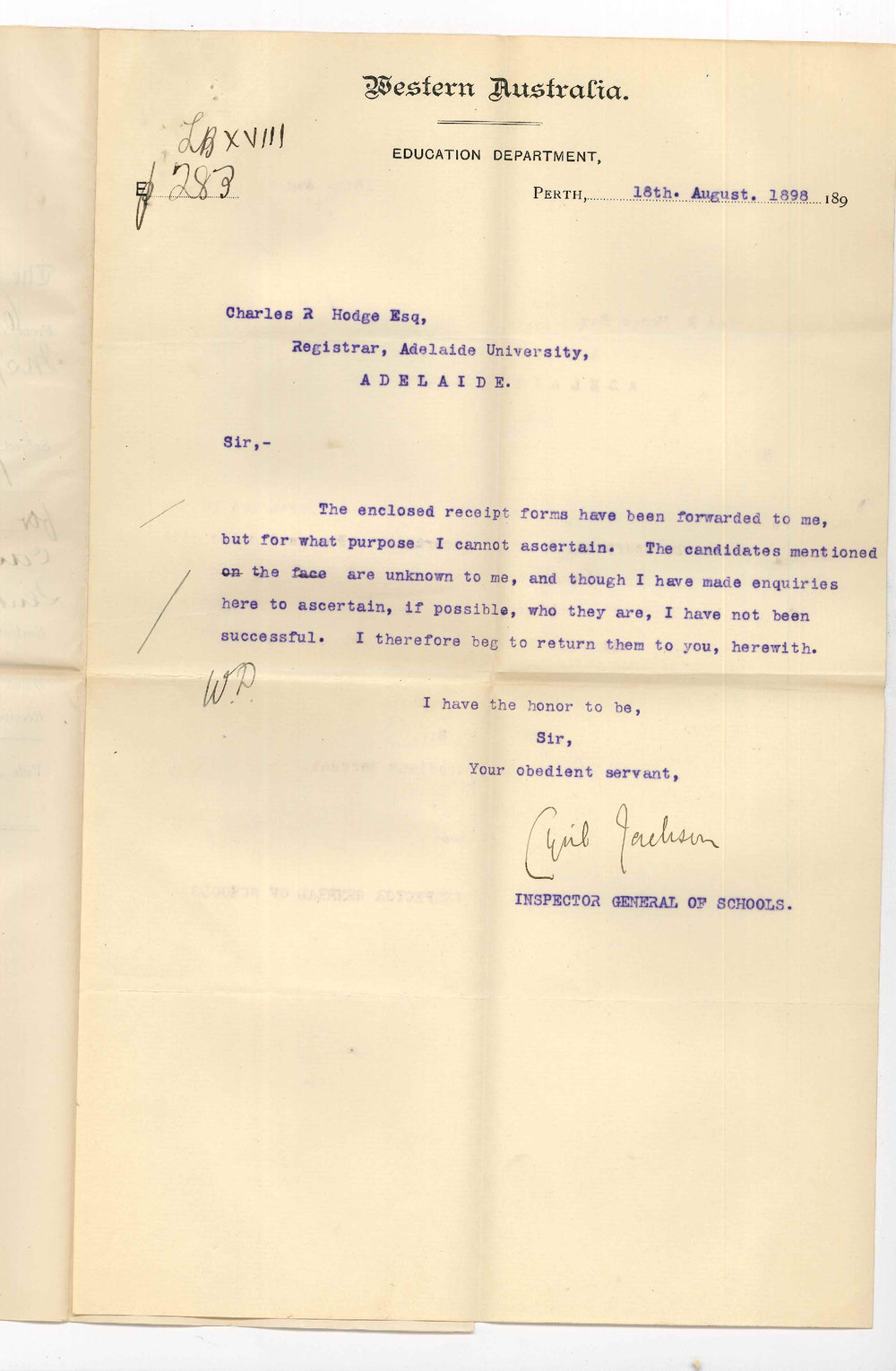 Cyril Jackson - Inspector of Schools - Perth - Returning receipts for fees paid by Preliminary Candidates which were sent to him in error
