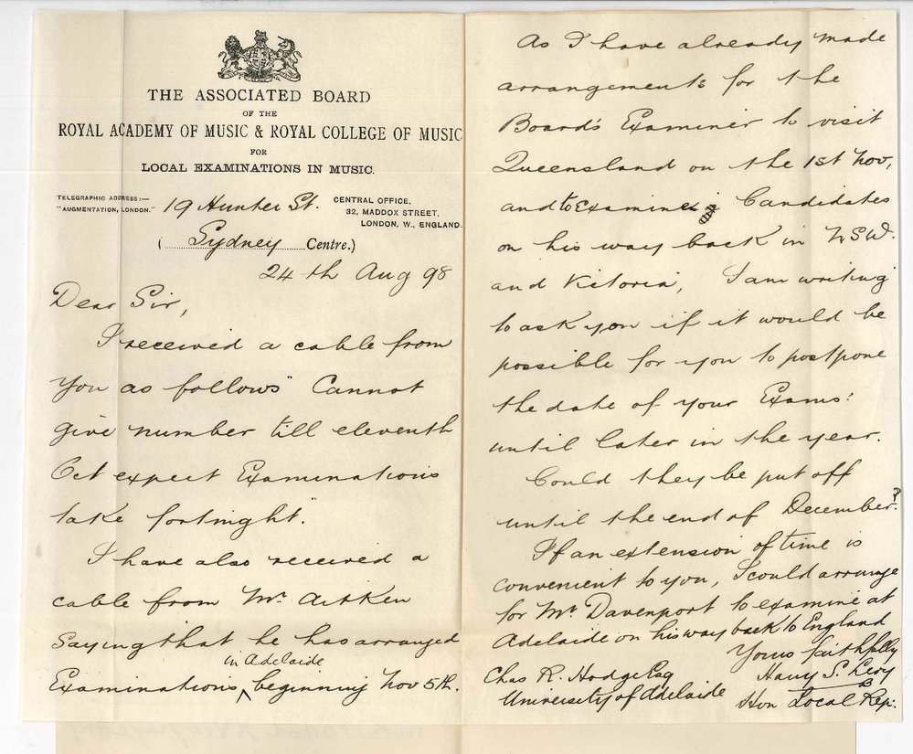 Harry S Levy - Honorary Local Representative - Associated Board Sydney - Asking if Examinations Practice of Music can be put off