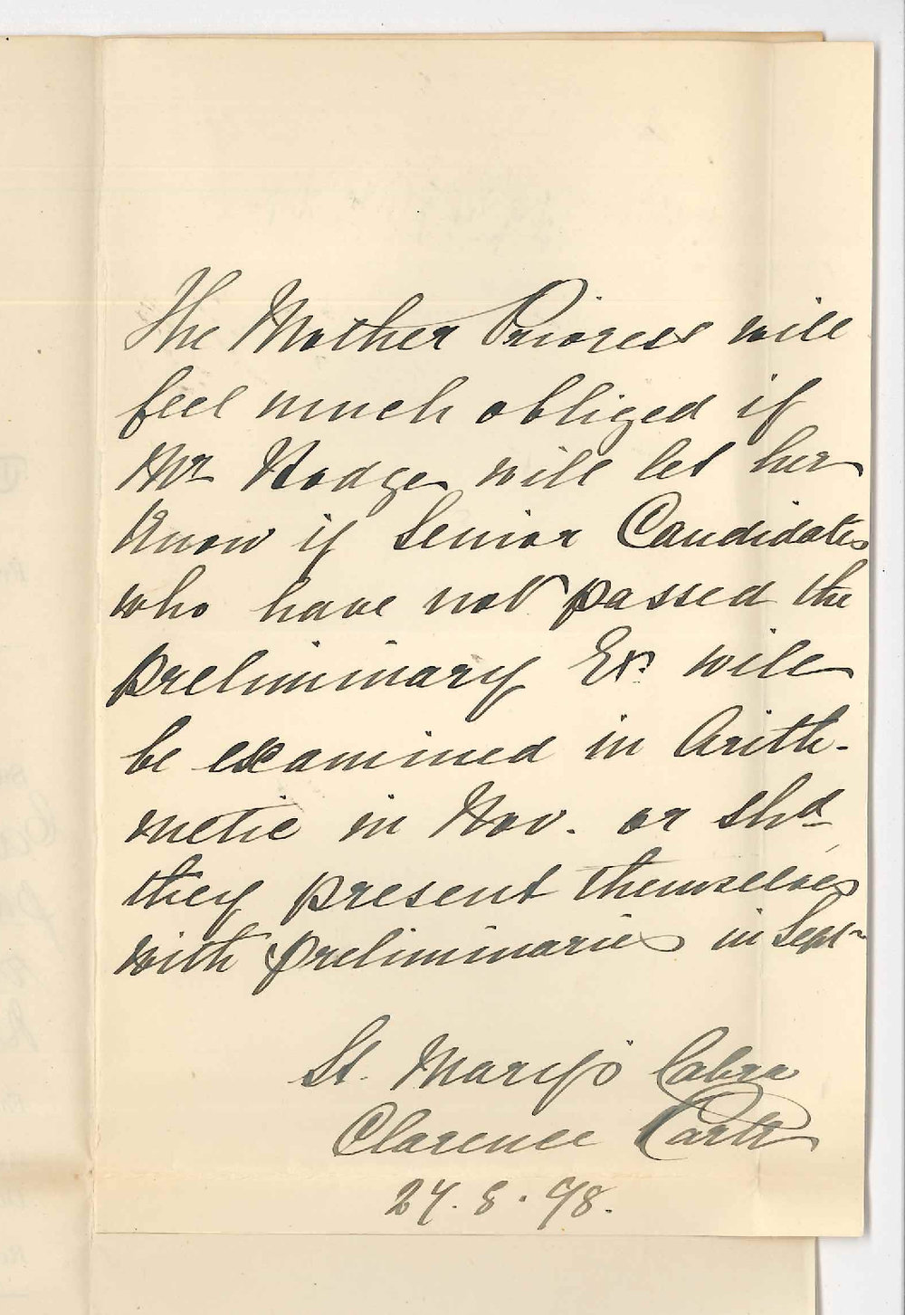 The Mother Prioress - St Marys Convent - Cabra - Asking if Senior Candidates who have not passed Preliminary will be Examined in Arithmetic in November