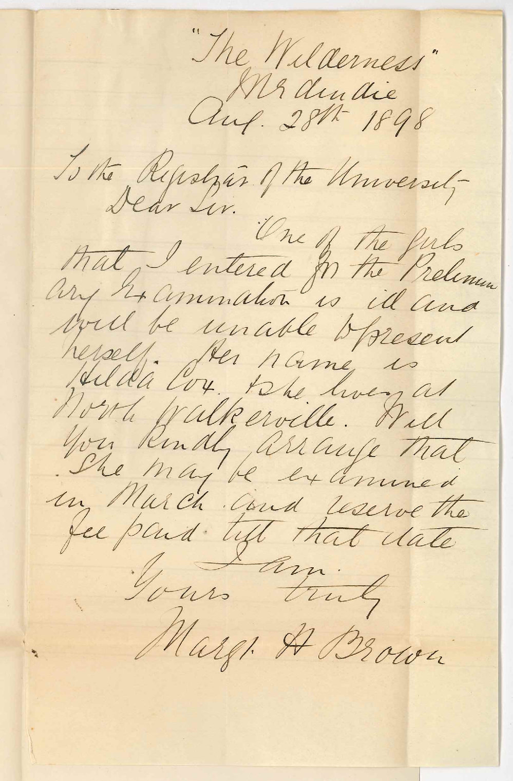 Miss Margaret H Brown - Medindie - Withdrawing Hilda Cox from Preliminary Exam