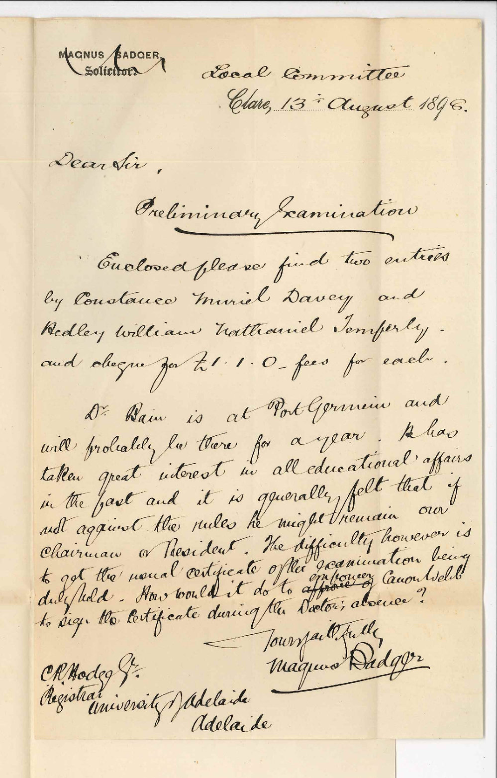 Magnus Badger - Clare - Forwarding Preliminary Entries Re Dr Bains absence