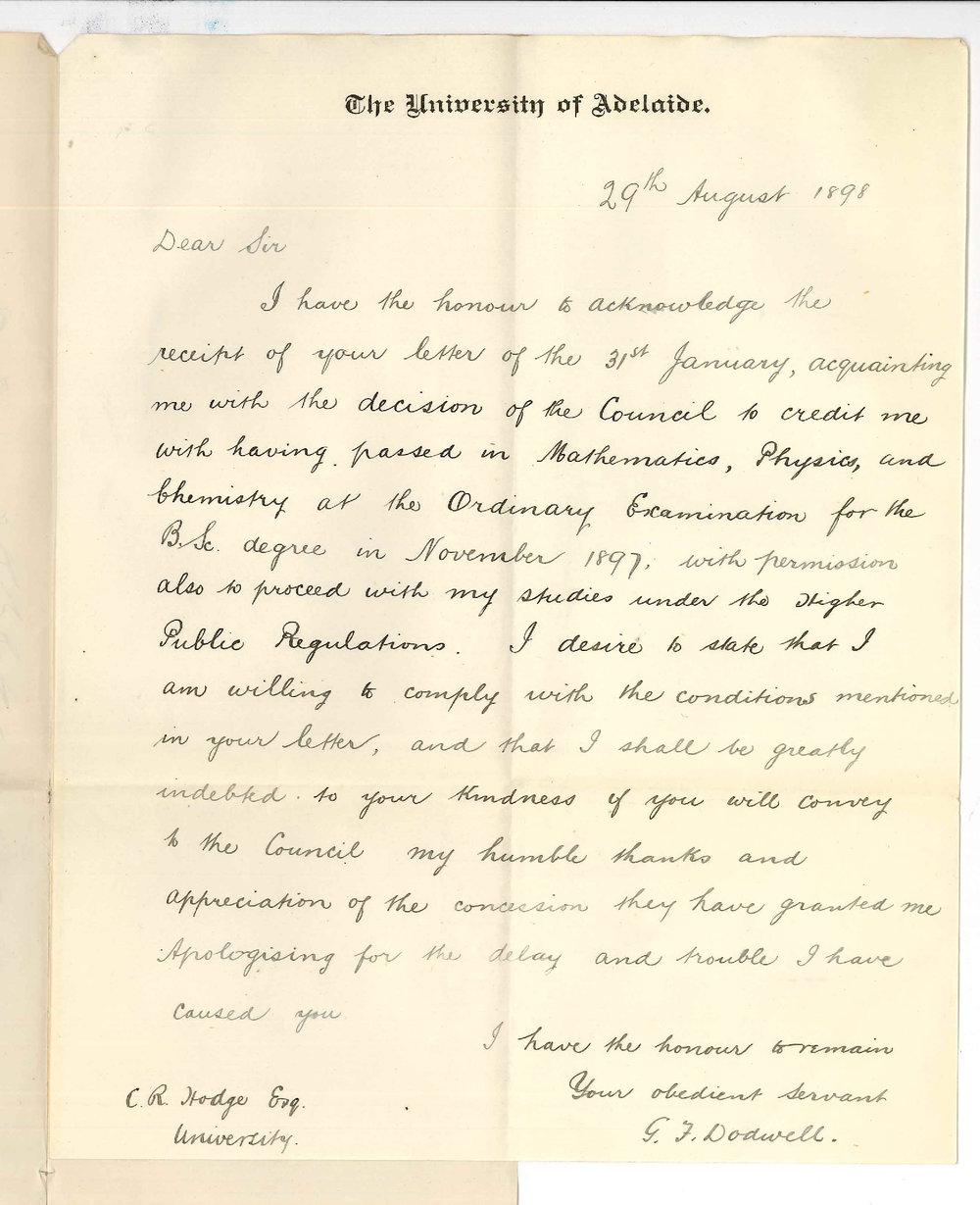 George Frederic Dodwell - University - Thanking Council for crediting him with having passed Math Physics and Chemistry etc last November 1897