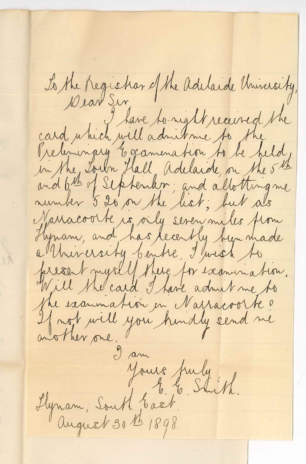 Miss E E Smith - Hynam South East - Wishes to present herself at Naracoorte for examination