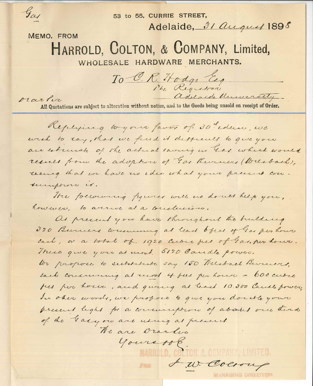 Harrold Colton and Company - Adelaide - Concerning the consumption of Gas if Welsbach burners were adopted