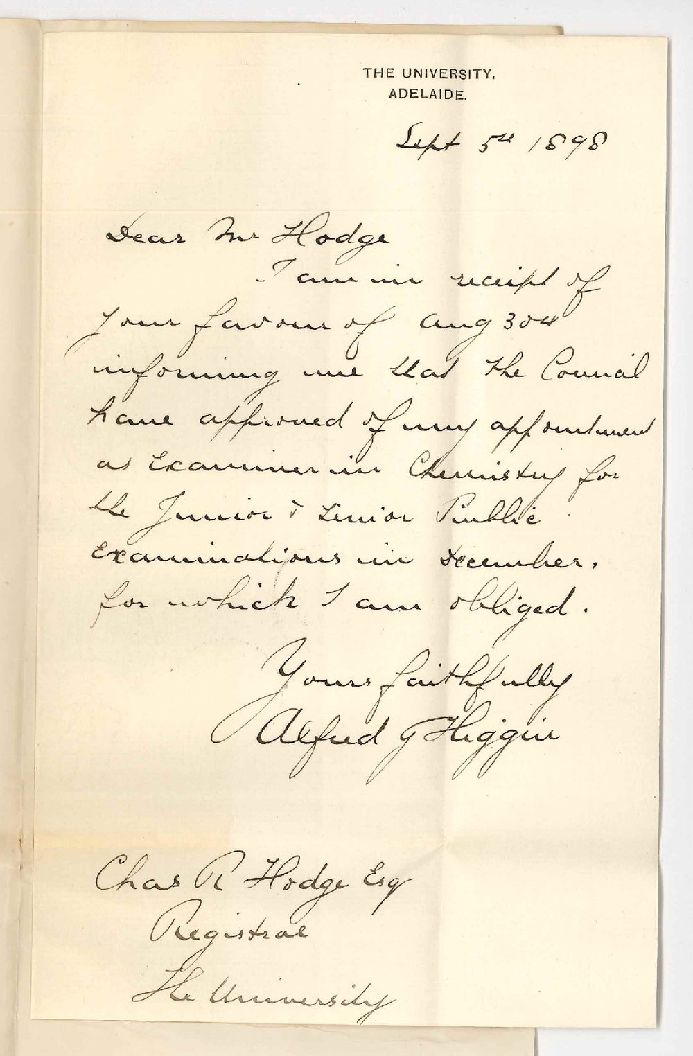 Alfred James Higgin - University - Acknowledging Appointment as Examiner in Chemistry for Junior and Senior Public Exams in December