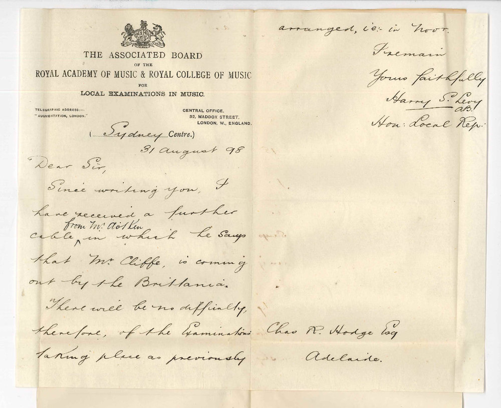 Harry S Levy - Sydney - Notifying that Mr Frederic Cliffe will represent the Associated Board at the November Exam