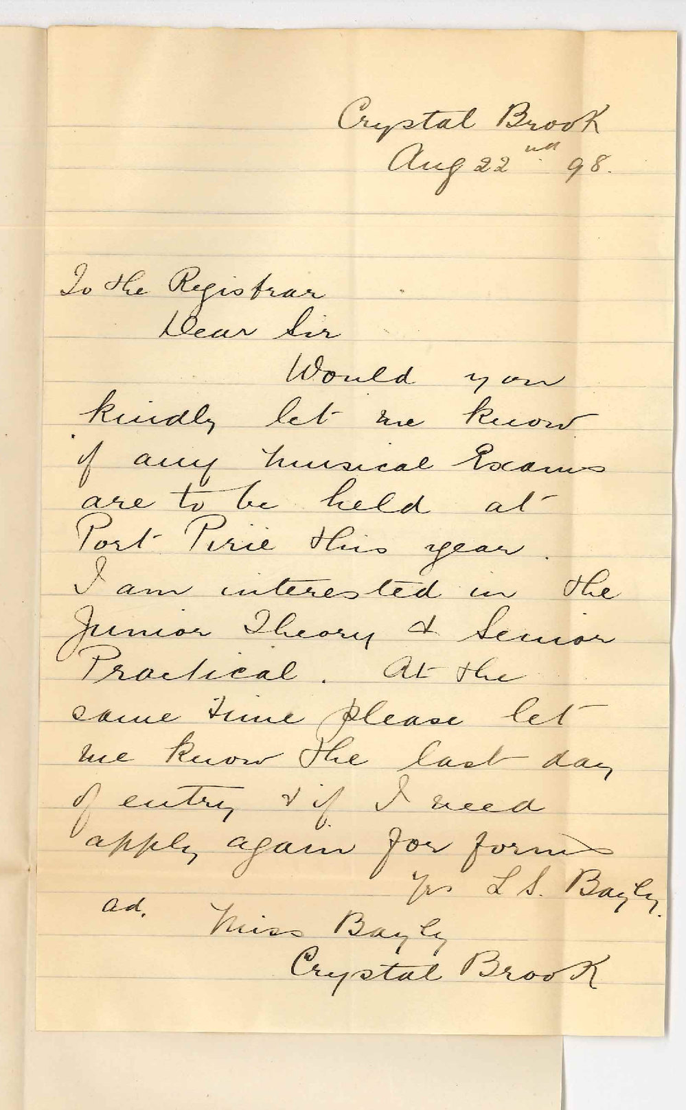 Miss L S Bayly - Crystal Brook - Musical Examination at Port Pirie Junior Theory and Senior Practical