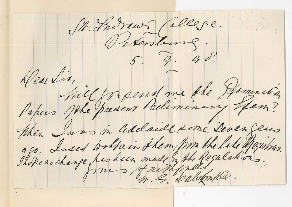 W G Dalrymple - Petersburg - Asking for Examination Papers Preliminary Exam