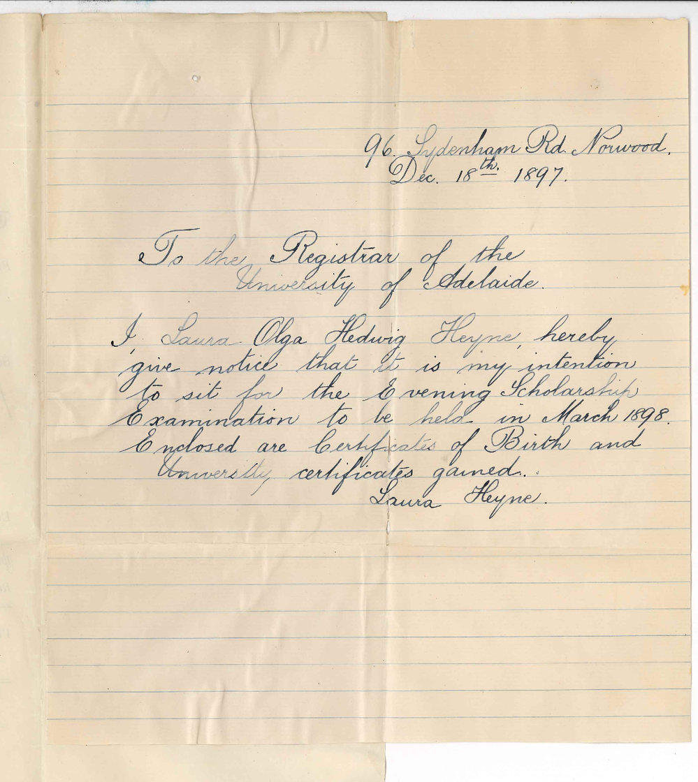 Laura Olga Hedwig Heyne - 96 Sydenham Road Norwood - Notice of intention to sit for Evening Scholarship Examination in March 1898