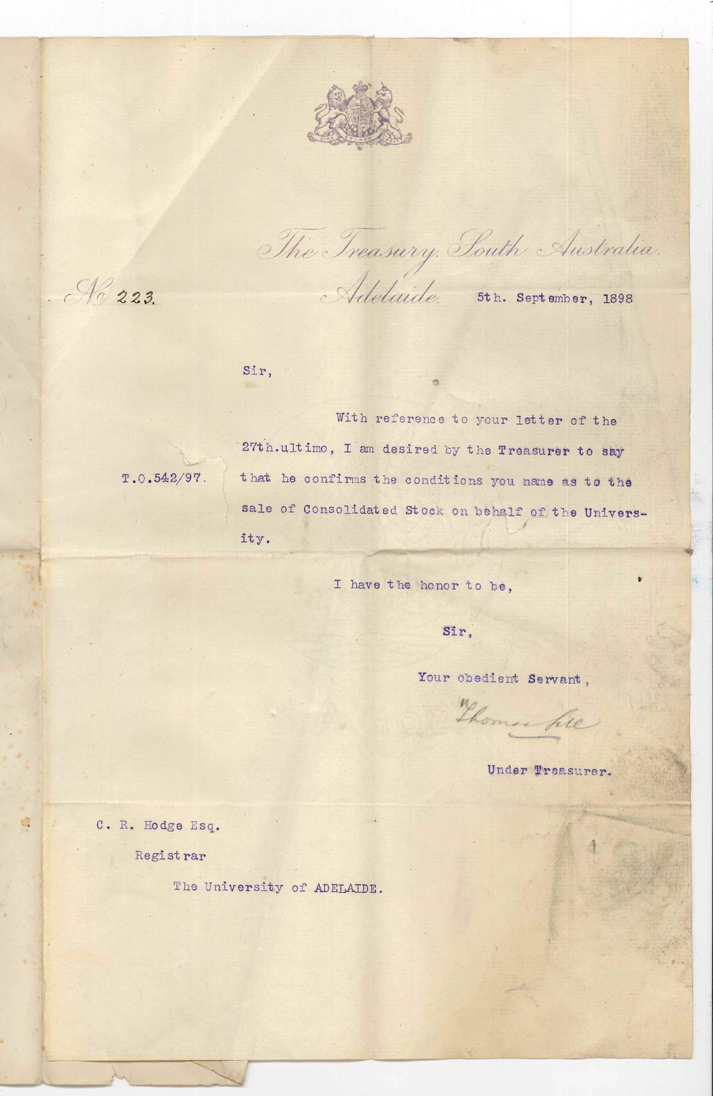 The Under Treasurer - Adelaide - Confirmation of Conditions of Sale of Consolidated Stock