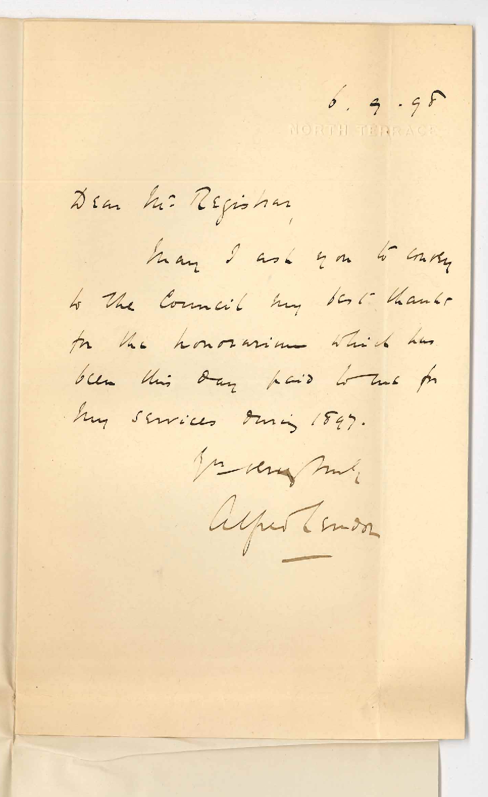 Dr Alfred Austin Lendon - North Terrace - Thanking the Council for Honorarium