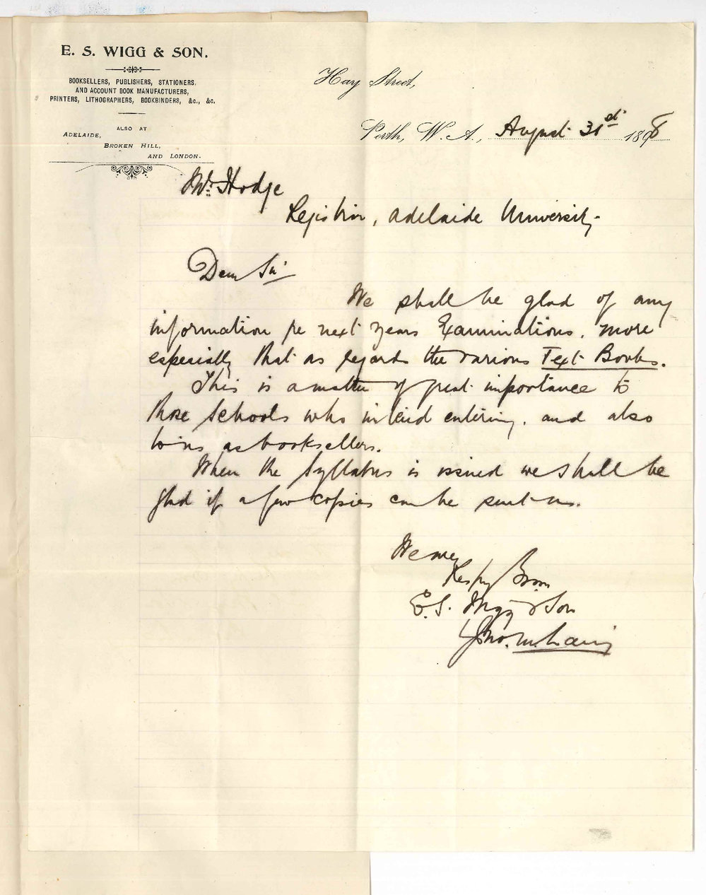 E S Wigg and Son - Perth WA - Examinations 1899 - Schedule of Text Books