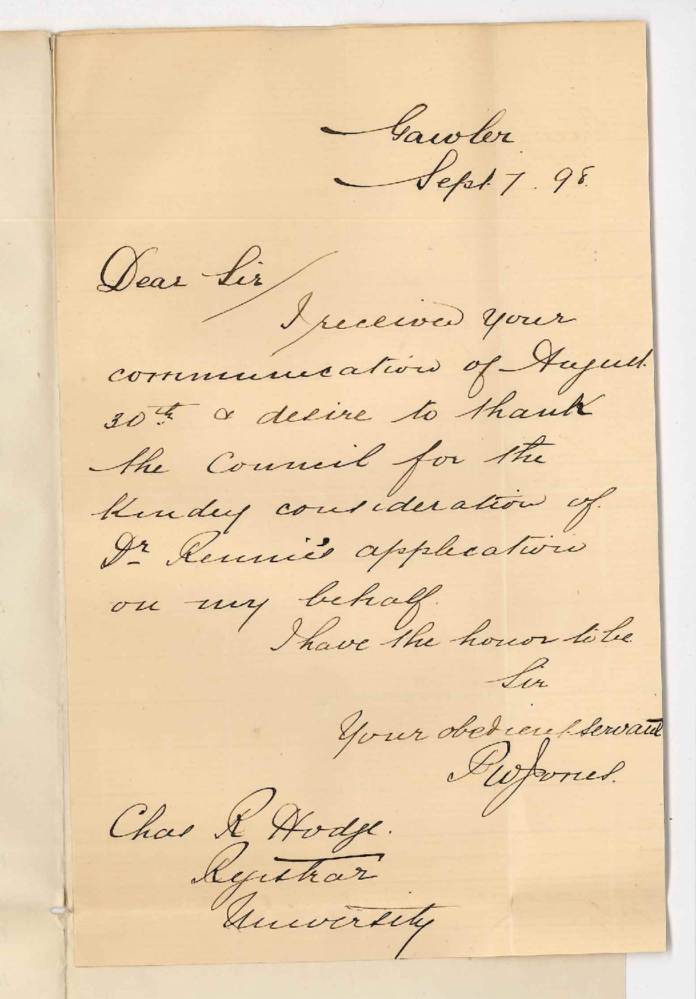 P W Jones - Gawler - Thanking Council for consideration of application by Dr Edward Henry Rennie