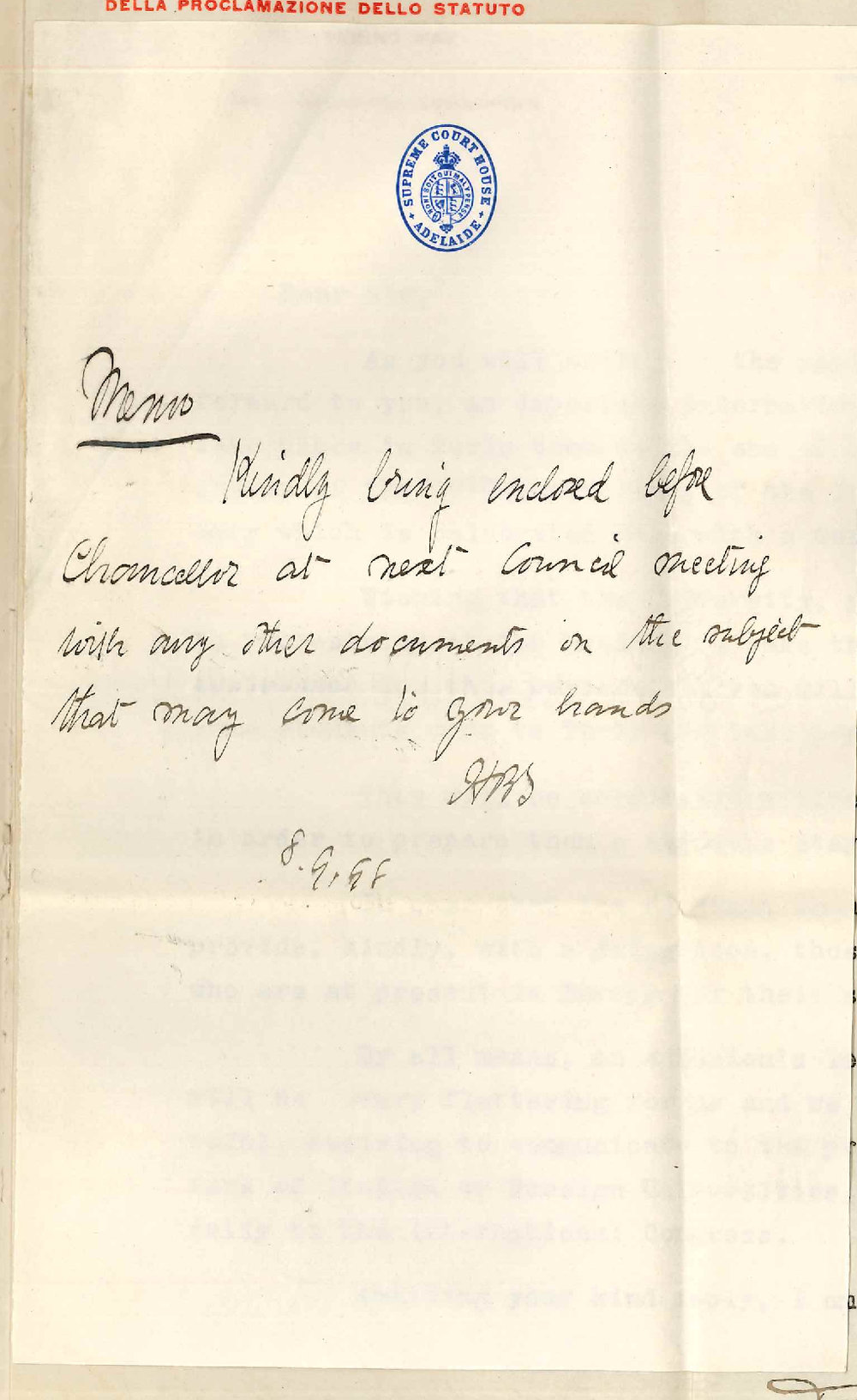 Dr Efisio Giglio-Tos to The Chancellor - Letter concerning the International Congress of Students to be held at Turin