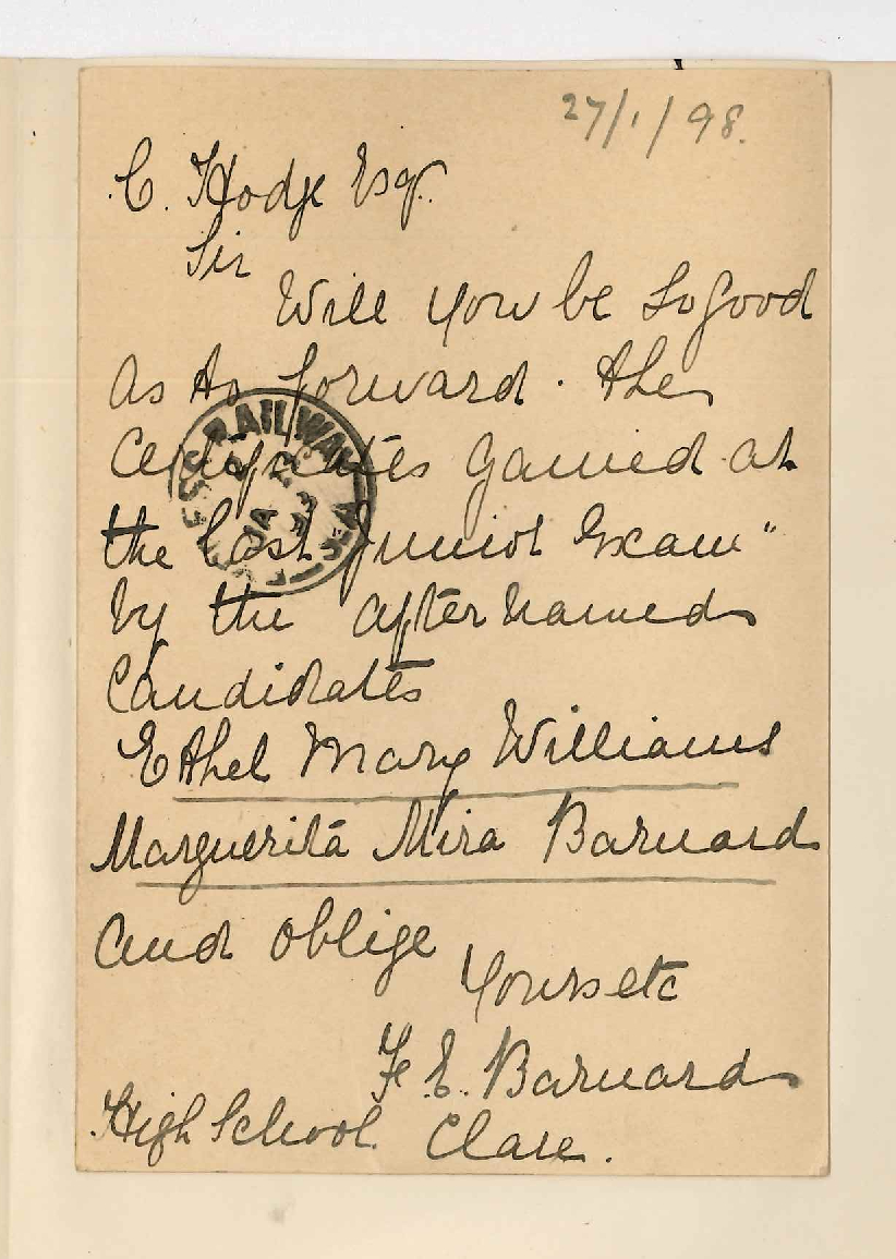 Frances E Barnard - High School Clare - Asking for Certificates Junior Public Exam gained by E M Williams and M M Barnard