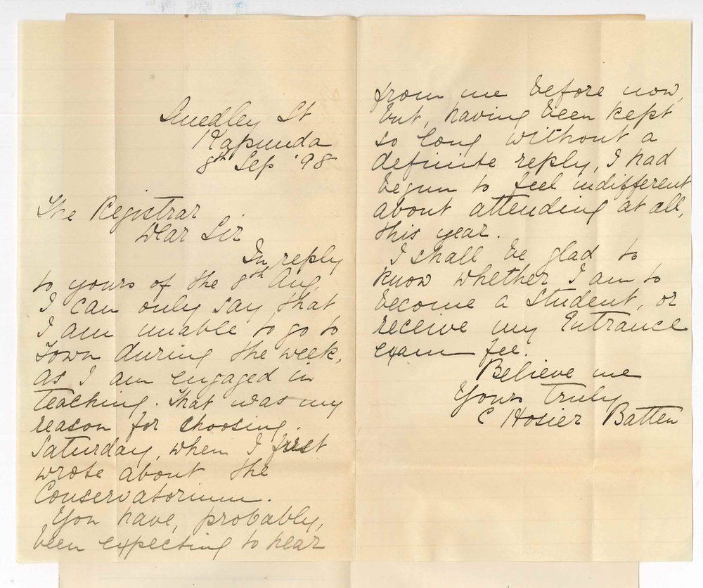 Miss C Hosier Batten - Kapunda - Wishes to know if she is to become a student at Conservatorium