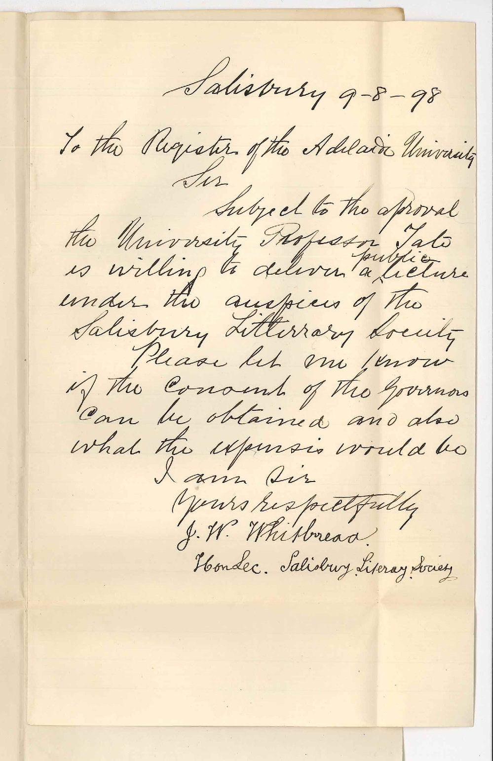 J W Whitbread - Salisbury Re Lecture by Professor Tate at Library Society Salisbury particulars