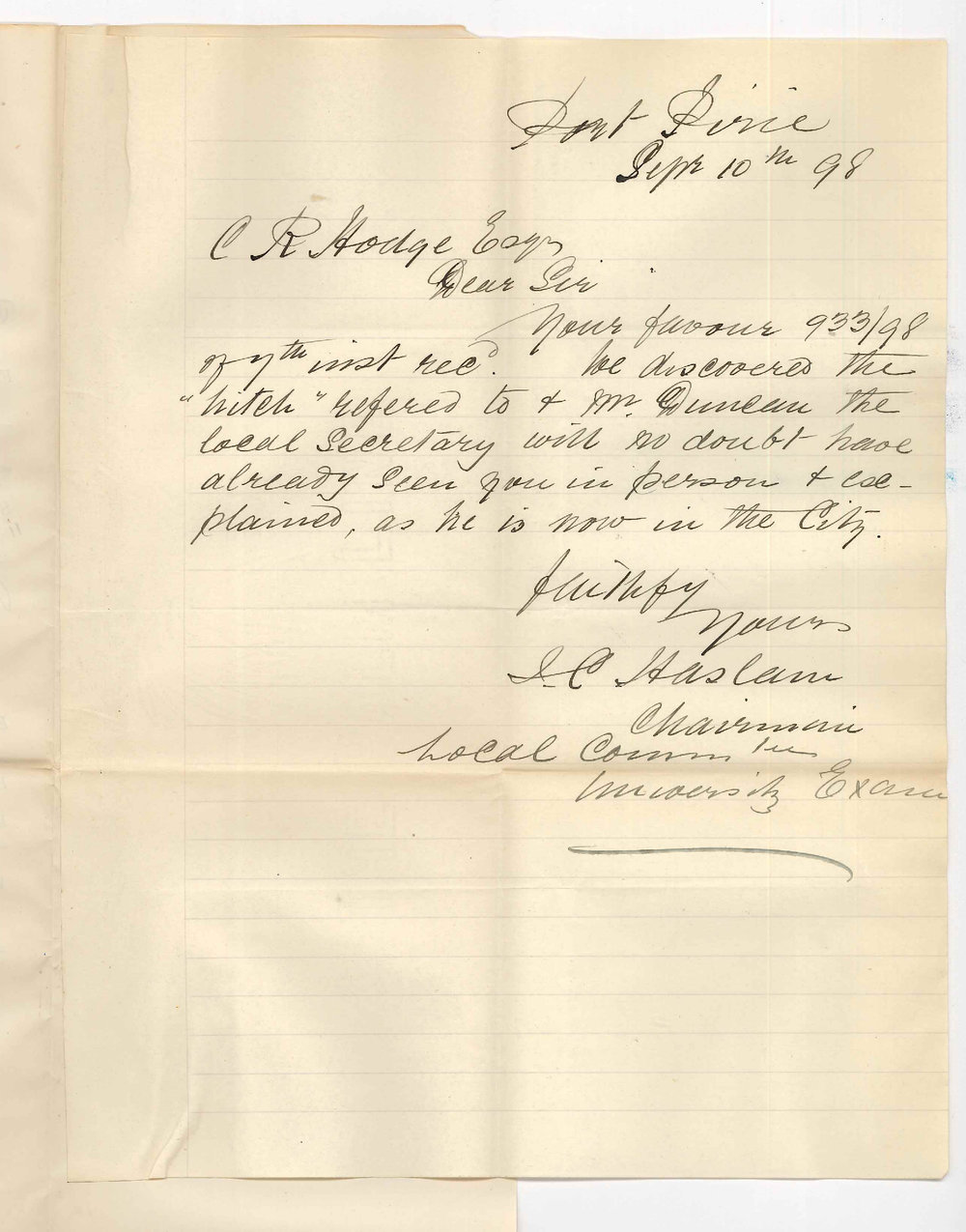 J C Haslam - Port Pirie - Hitch in the Port Pirie Exam