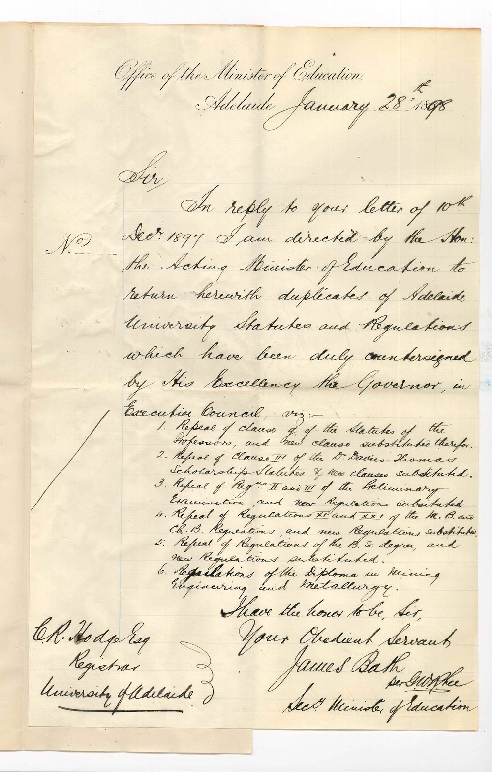 James Bath - Secretary - Minister of Education - Returning Statutes and Regulations counter signed by His Excellency the Governor