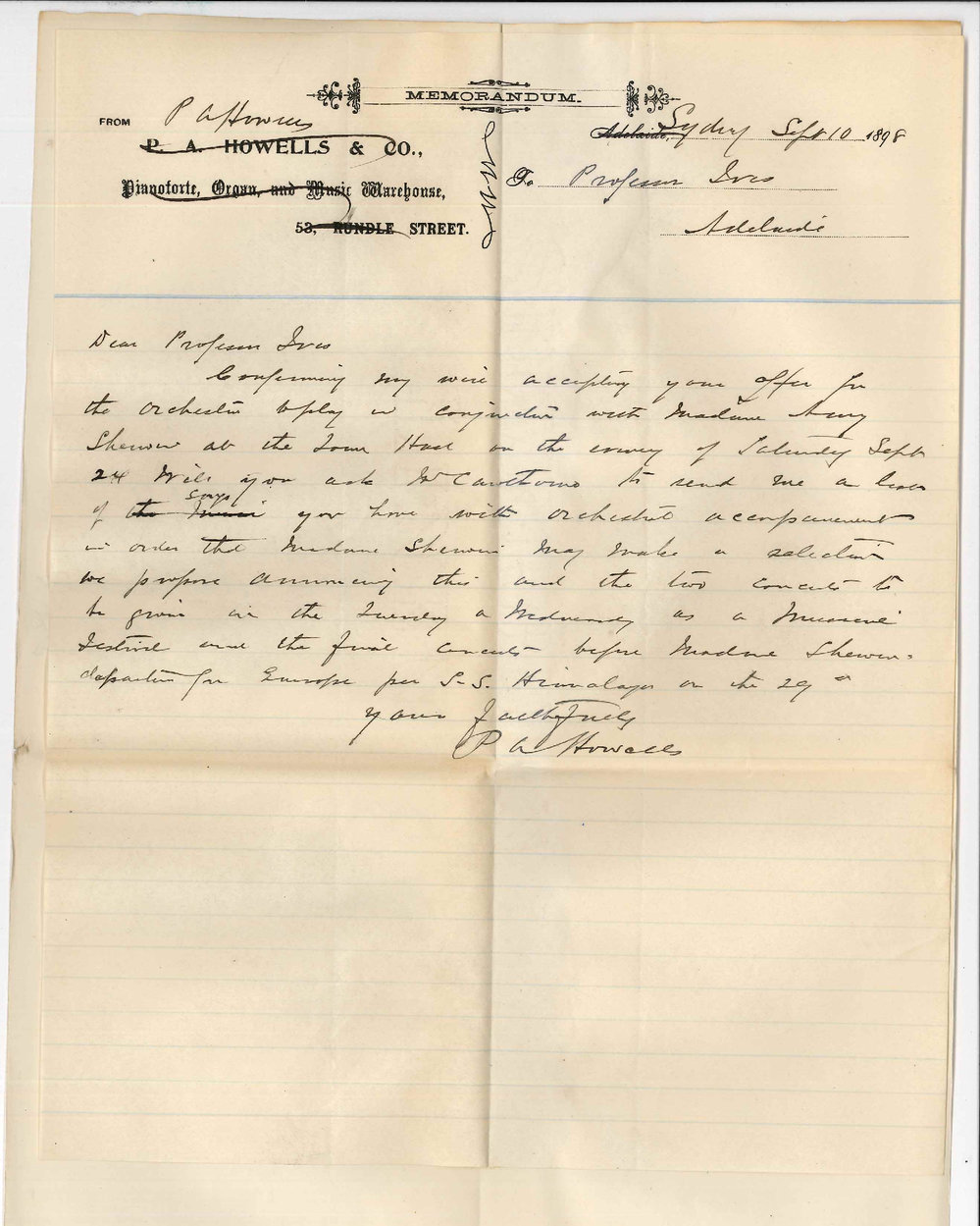 P A Howells - Sydney - Confirming wire accepting offer for Orchestra to play in conjunction with Madame Amy Sherwin at Town Hall on 24-9-1898