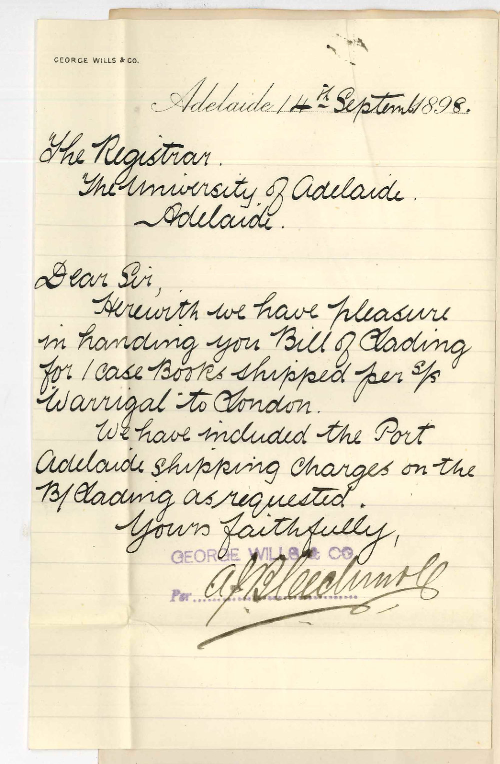 George Wills and Company - Grenfell Street - Bill of Lading for Case of Books sent on SS Warrigal to London