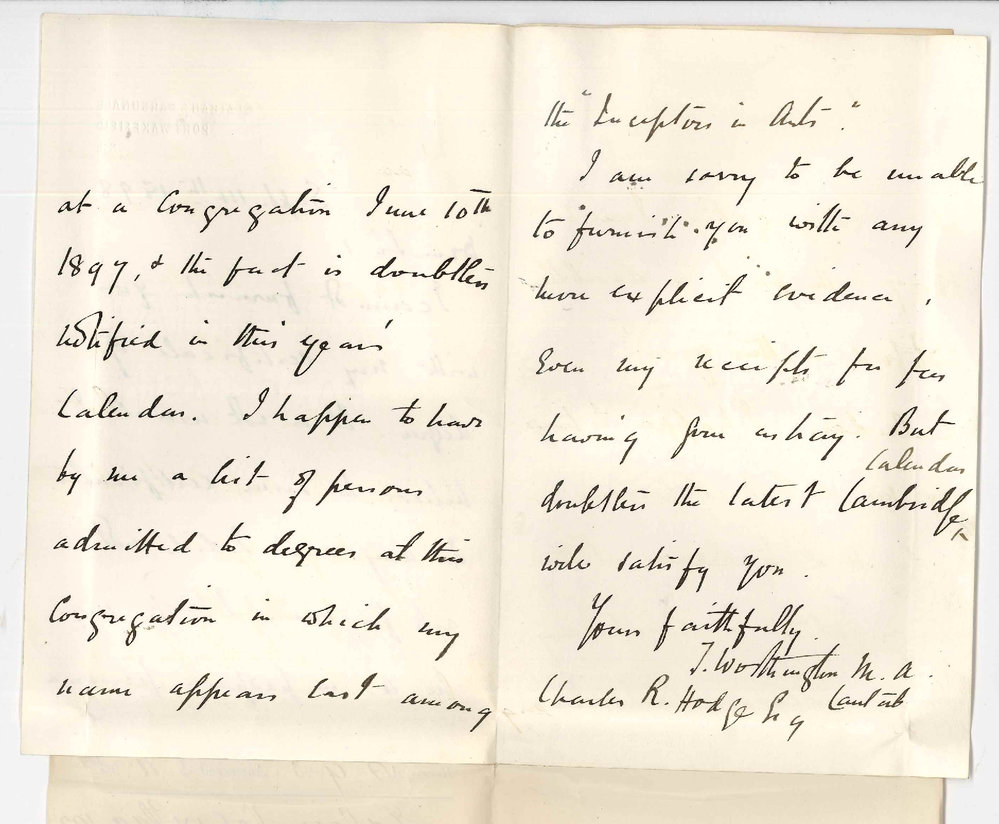 Thomas Worthington MA - Port Wakefield - Certificate of Degree for admission ad eundem