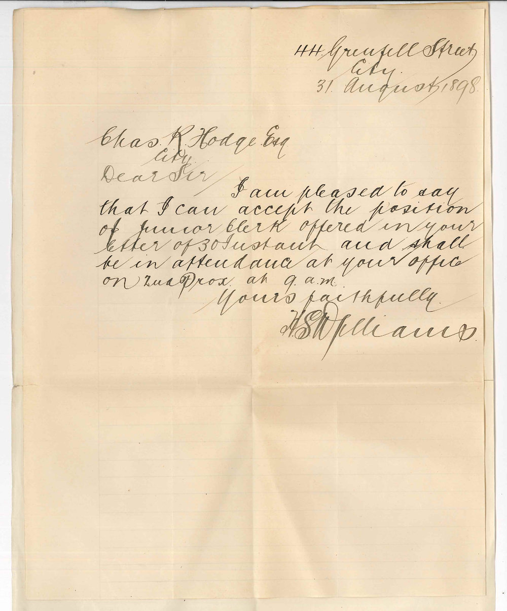 H S Williams - Grenfell Street - Accepting position of Junior Clerk