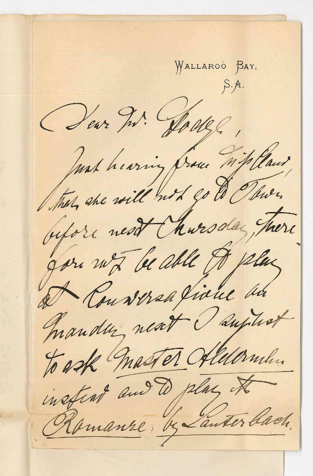 A Hennicke - Wallaroo Bay - Suggests asking Master Alderman to play instead of Miss Doris Cloud who is unable to come to Adelaide